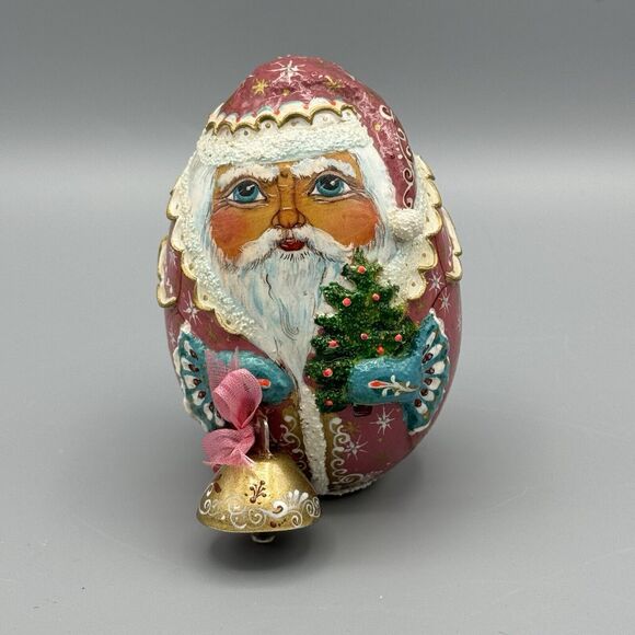 Russian Handpainted Carved Santa with Bell Tree Toy Bag Egg 3D Figurine Signed - Picture 3 of 9